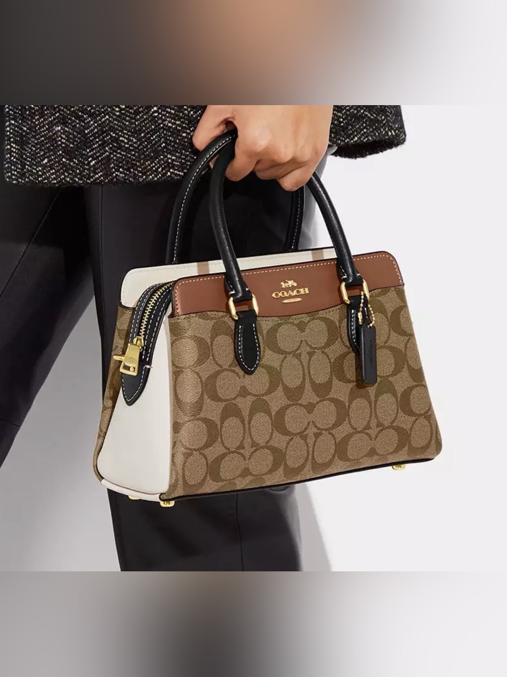 Coach Brown Signature Canvas Satchel with Black Trim